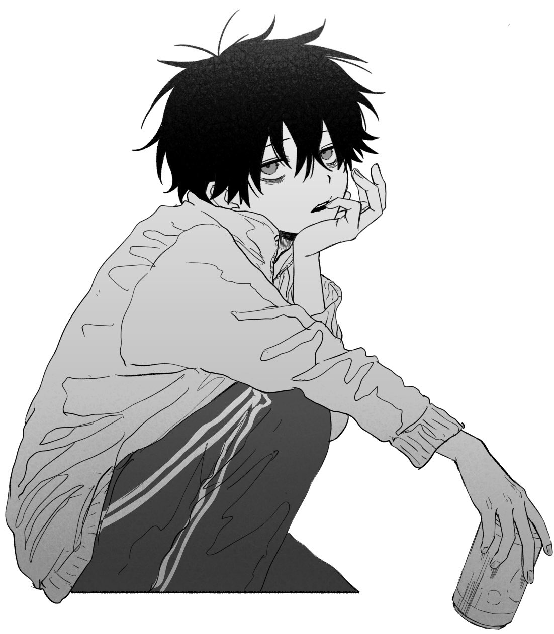 1boy, bags_under_eyes, can, commentary_request, feet_out_of_frame, greyscale, hair_between_eyes, head_rest, highres, holding, holding_can, imai_akira, jacket, knee_up, long_sleeves, looking_at_viewer, male_focus, messy_hair, monochrome, original, pants, parted_lips, short_hair, simple_background, solo, track_pants