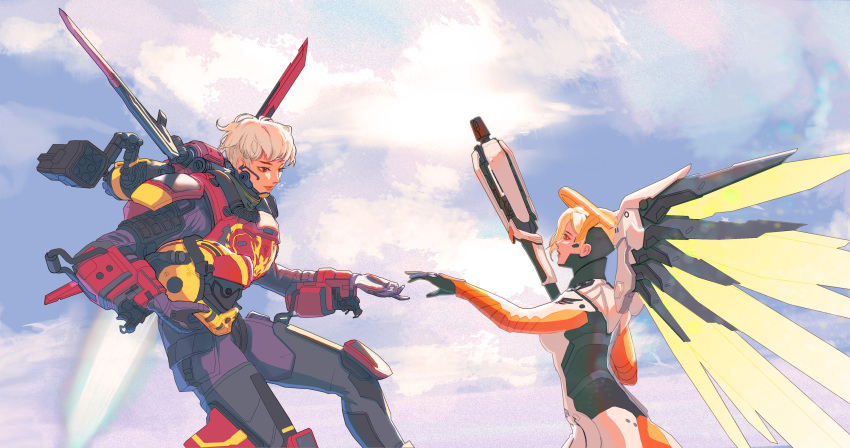 2girls, absurdres, apex_legends, birthright_valkyrie, blonde_hair, bodysuit, breasts, brown_eyes, clouds, crossover, energy_wings, flying, gloves, grey_hair, headwear_removed, helmet, helmet_removed, highres, holding, holding_helmet, holding_staff, jetpack, lu_xianling, medium_breasts, mercy_(overwatch), missile_pod, multiple_girls, open_hand, outstretched_arm, overwatch, purple_bodysuit, purple_gloves, short_hair, sky, staff, valkyrie_(apex_legends), white_bodysuit, yellow_headwear
