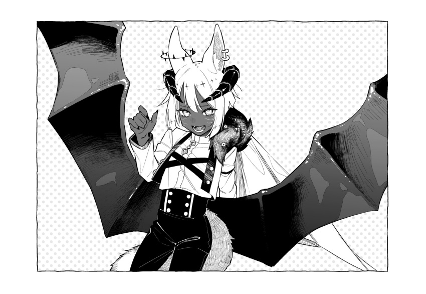 1girl, :d, animal_ears, border, cape, commentary, cropped_jacket, dark-skinned_female, dark_skin, demon_girl, demon_horns, demon_wings, earrings, fangs, fingernails, greyscale, highres, horns, jewelry, kushiro_yuu, large_wings, long_sleeves, looking_at_viewer, low_wings, monochrome, original, pants, polka_dot, polka_dot_background, sharp_fingernails, shirt_tucked_in, smile, solo, symbol-only_commentary, tail, white_border, wings
