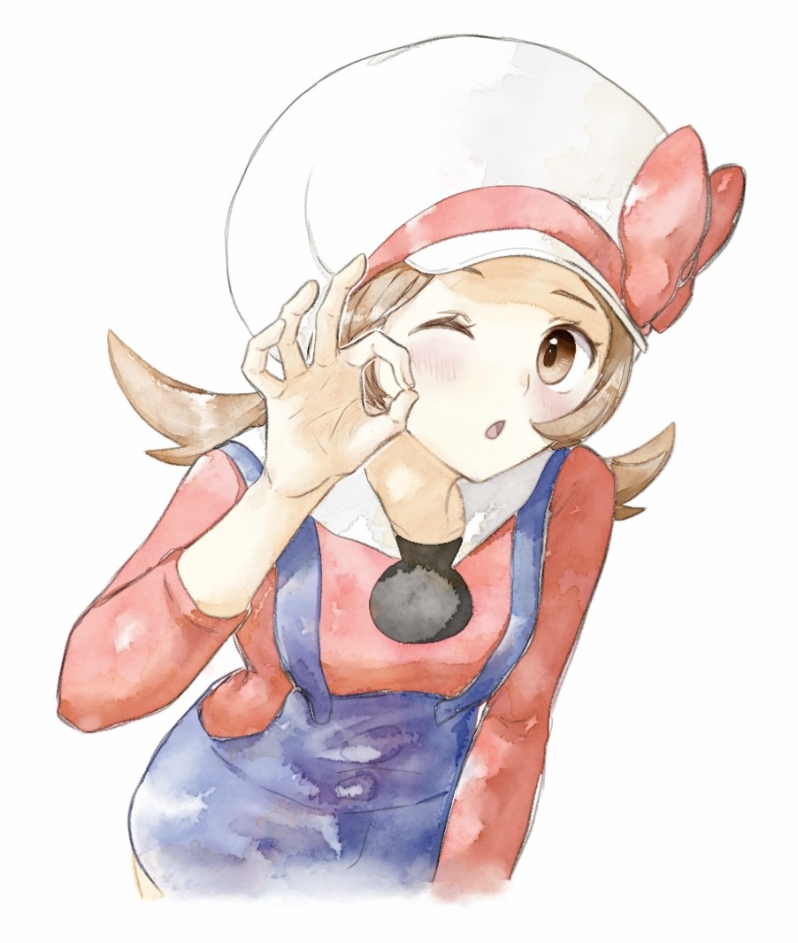 1girl, ;o, asuka_rkgk, blue_overalls, blush, bow, brown_eyes, brown_hair