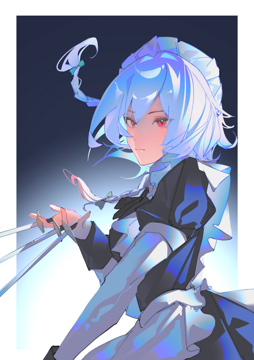 1girl, absurdres, apron, black_dress, blush, bow, braid, chinese_commentary, closed_mouth, commentary_request, dress, expressionless, floating_hair, green_bow, hair_bow, highres, holding, holding_knife, izayoi_sakuya, knife, layered_sleeves, long_hair, looking_at_viewer, luoyuyaoouruola, maid_headdress, red_eyes, sleeve_cuffs, solo, touhou, twin_braids, upper_body, waist_apron, white_apron, white_hair