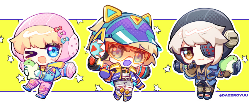 3girls, :3, animal_ear_headphones, animal_ears, animification, apex_legends, artist_name, black_pants, black_shirt, blonde_hair, blue_bow, blue_eyes, blue_footwear, blue_headwear, blue_jacket, bow, brown_eyes, brown_gloves, cat_ear_headphones, chibi, chinese_commentary, cropped_shirt, dazeroyuu, deep_current_wattson, eyepatch, fake_animal_ears, finger_heart, gloves, grey_hair, grey_shorts, headphones, heart, highres, holding, holding_stuffed_toy, hood, hood_down, jacket, kawaii_voltage_wattson, knee_pads, lightning_bolt_symbol, looking_at_viewer, multicolored_clothes, multicolored_jacket, multiple_girls, multiple_persona, nessie_(respawn), official_alternate_costume, one_eye_closed, one_eye_covered, pants, pink_bow, pink_headwear, pointing, purple_footwear, purple_gloves, purple_jacket, red_bow, scar, scar_on_cheek, scar_on_face, shirt, short_hair, shorts, smile, star_(symbol), stuffed_toy, sunglasses, sweater, thunder_kitty_wattson, visor_cap, wattson_(apex_legends), white_shirt, yellow_jacket, yellow_sweater