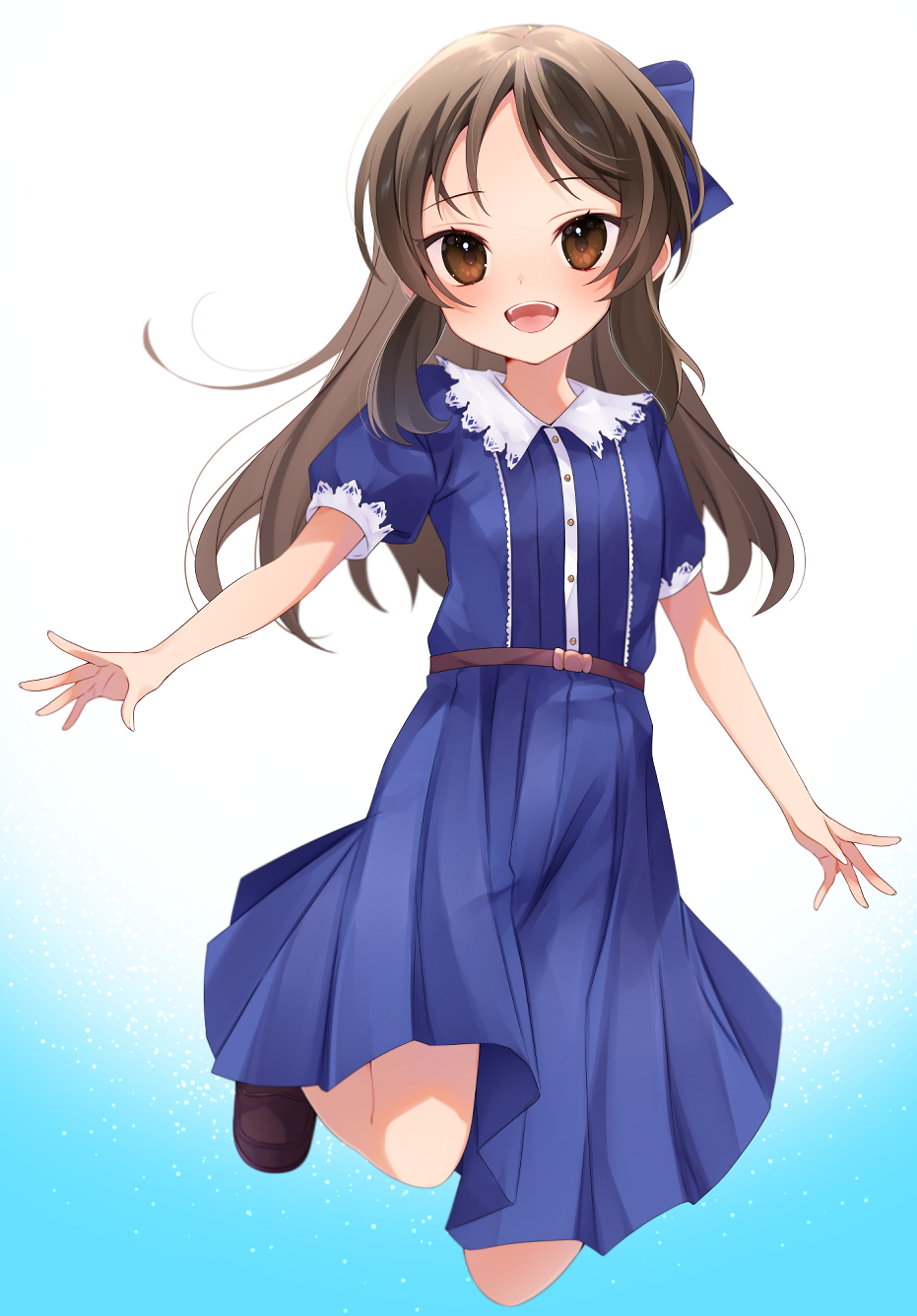 1girl, 31reyo, blue_dress, blush, bow, brown_hair, collared_dress, dress, gradient_background, hair_bow, highres, idolmaster, idolmaster_cinderella_girls, jumping, long_hair, looking_at_viewer, pleated_dress, puffy_short_sleeves, puffy_sleeves, short_sleeves, simple_background, smile, solo, straight_hair, tachibana_arisu