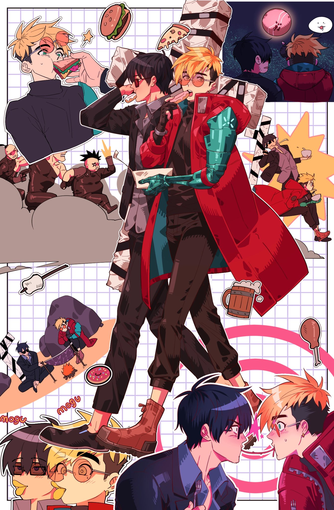 alcohol, beer, black_hair, blonde_hair, brown_footwear, burger, character_request, chicken_(food)