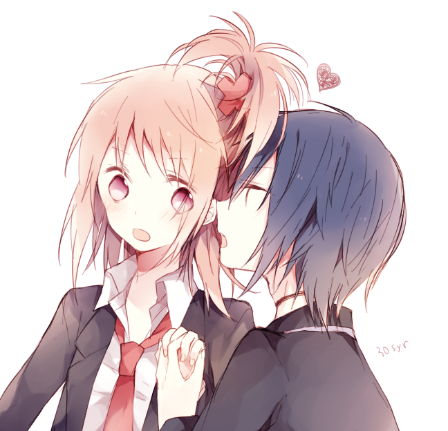 1boy, 1girl, black_choker, black_jacket, blazer, blue_eyes, blue_hair, choker
