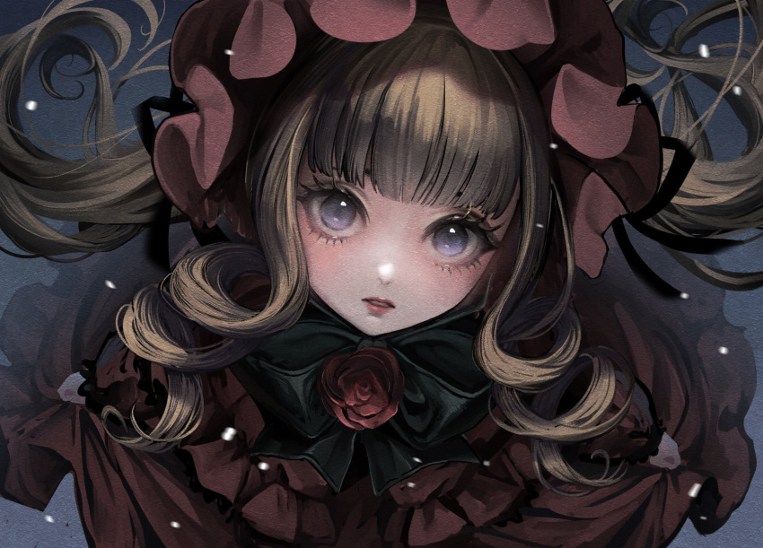 1girl, black_bow, black_bowtie, blonde_hair, blue_eyes, blunt_bangs, blurry, blush