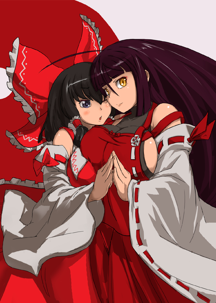 asymmetrical_docking, bare_shoulders, black_hair, blush, bow, breast_press, breasts, detached_sleeves