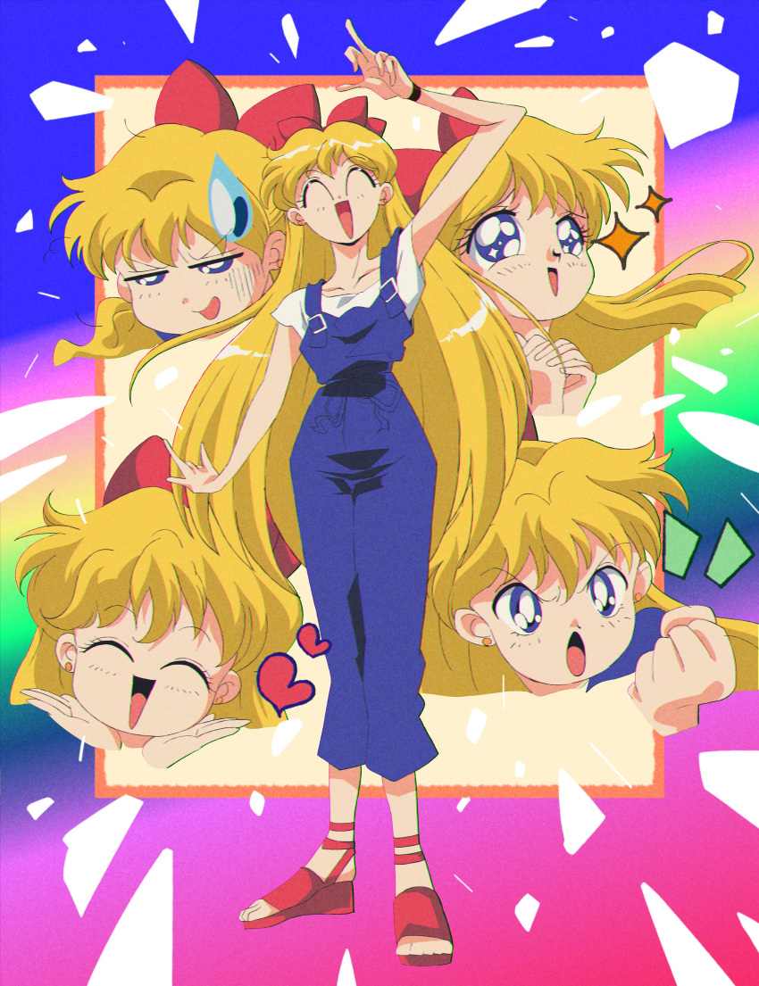 absurdres, aino_minako, bishoujo_senshi_sailor_moon, blonde_hair, bow, breasts, closed_eyes, earrings, full_body, heart, highres, jewelry, open_mouth, potiri02, red_bow, red_footwear, retro_artstyle, toes, variations