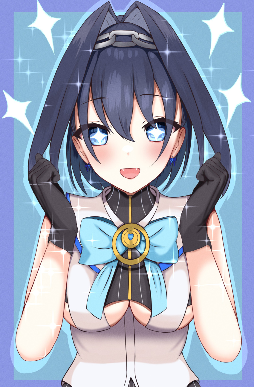 1girl, absurdres, black_gloves, blue_eyes, blue_hair, blue_ribbon, breasts, gloves, highres, hololive, hololive_english, looking_at_viewer, ouro_kronii, panpanmc4, ribbon, sparkling_eyes, under_boob, virtual_youtuber