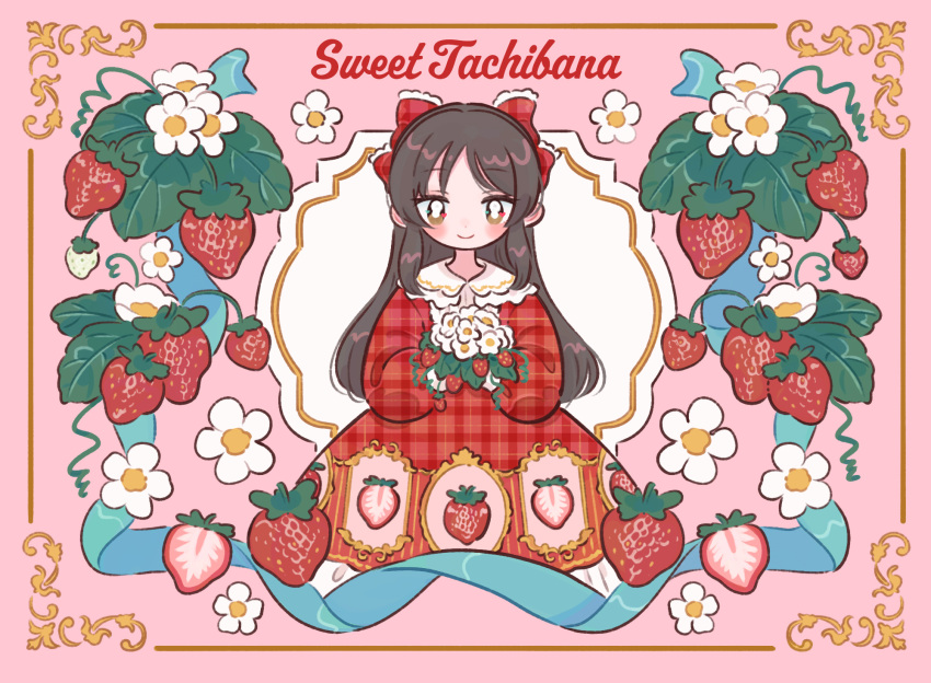 1girl, black_hair, blush, bouquet, bow, brown_eyes, collared_dress, dress