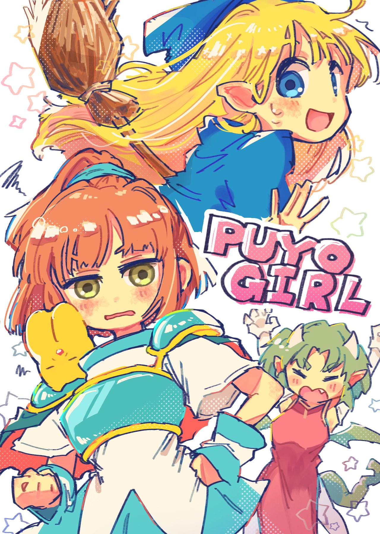 1boy, 3girls, 55_(afutanun_0120), arle_nadja, armor, blonde_hair, blue_eyes, blush