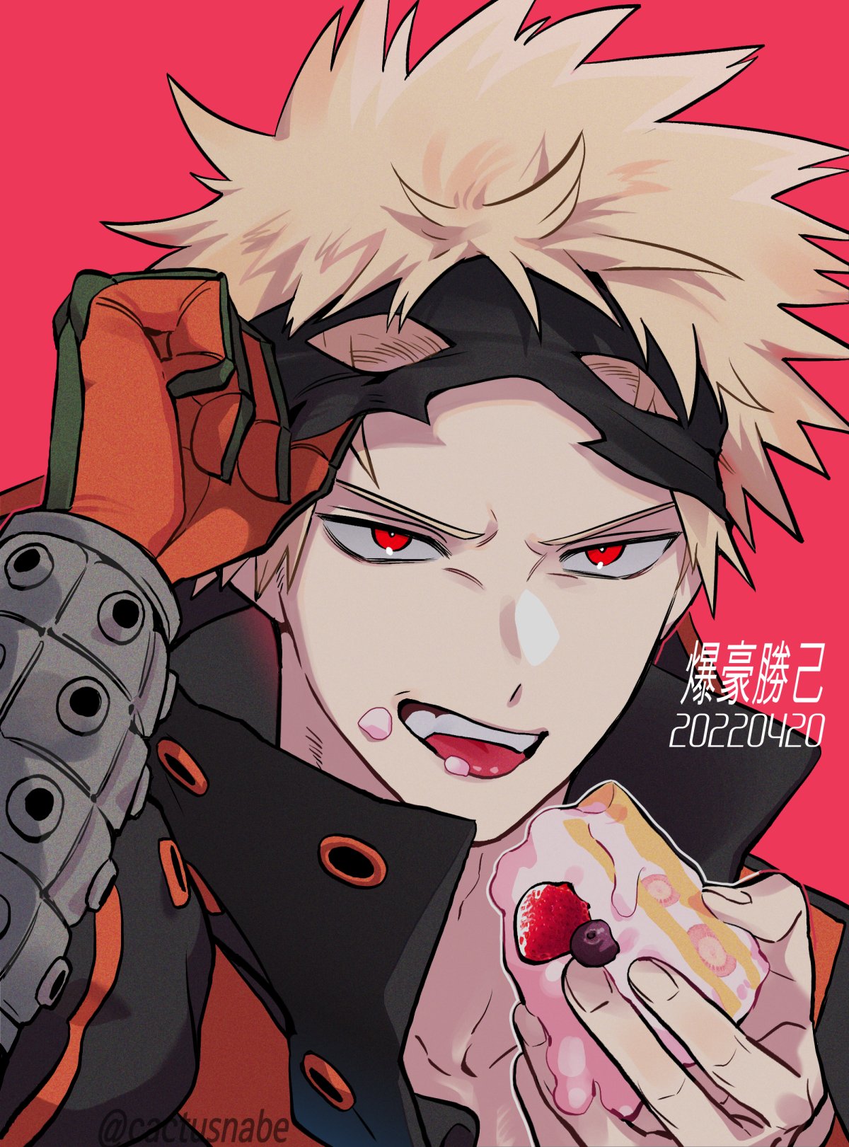 1boy, arm_up, bakugou_katsuki, bangs_pinned_back, black_mask, blonde_hair, blueberry, boku_no_hero_academia, bright_pupils, cactusnabe, cake, character_name, colored_sclera, dated, eye_mask, film_grain, fingernails, food, food_on_face, foreground_text, fruit, furrowed_brow, gloves, green_gloves, grey_sclera, hand_up, high_collar, highres, holding, holding_cake, holding_food, looking_at_viewer, male_focus, mask_lift, melting, open_collar, open_mouth, orange_gloves, outline, pink_background, pink_outline, portrait, red_eyes, sanpaku, short_hair, simple_background, single_glove, single_wrist_guard, smile, solo, spiky_hair, straight-on, strawberry_shortcake, timestamp, tongue, tongue_out, twitter_username, two-tone_gloves, v-shaped_eyebrows, white_outline, white_pupils