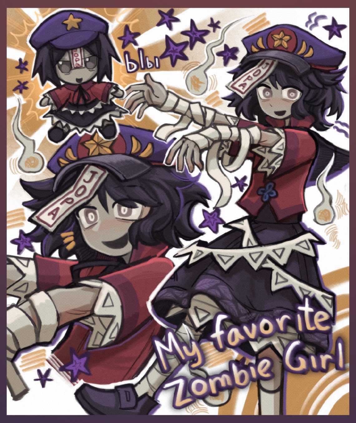 1girl, bandaged_arm, bandages, black_eyes, black_hair, black_ribbon, black_skirt, blush