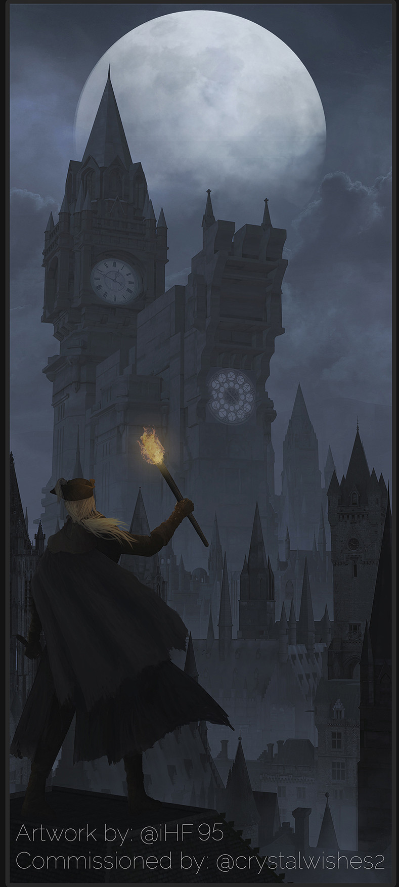 1girl, @_(symbol), architecture, artist_name, bloodborne, boots, cape, clock