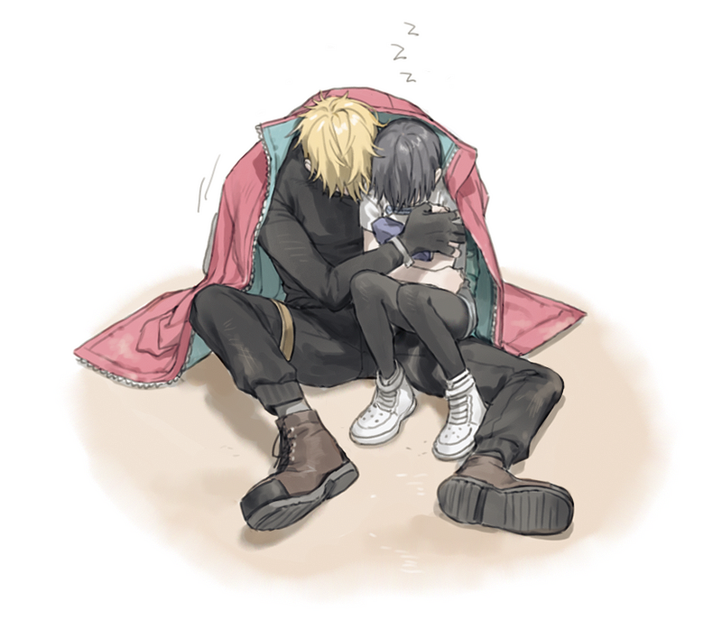 1boy, 1girl, black_hair, black_pants, blonde_hair, brown_footwear, coat, couple, emolior_(1000mean), fingerless_gloves, gloves, hug, meryl_stryfe, pants, red_coat, short_hair, sitting, sitting_on_person, sleeping, trigun, trigun_stampede, vash_the_stampede, white_footwear