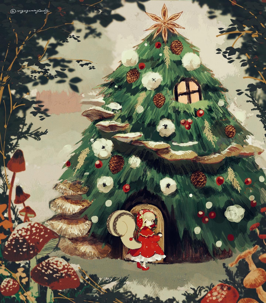 1girl, animal_ears, berry, brown_eyes, capelet, door, dress, frilled_dress, frills, highres, house, light_brown_hair, looking_at_viewer, looking_back, mary_janes, mushroom, myu_(3u_gumi), original, pine_tree, pinecone, polka_dot, polka_dot_dress, red_dress, red_footwear, red_headwear, shoes, socks, solo, squirrel_ears, squirrel_girl, squirrel_tail, star_anise_(spice), tail, tree, treehouse, window