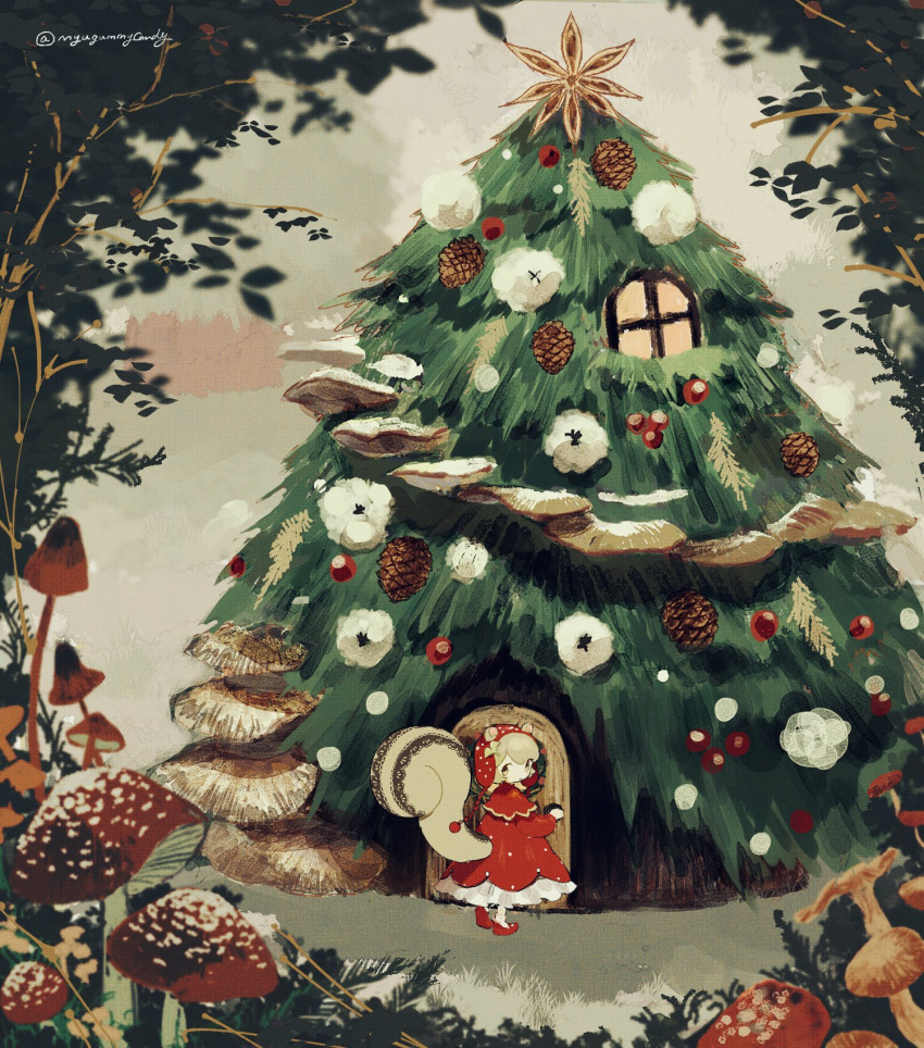 1girl, animal_ears, berry, brown_eyes, capelet, commentary_request, door, dress, frilled_dress, frills, highres, house, light_brown_hair, looking_at_viewer, looking_back, mary_janes, mushroom, myu_(3u_gumi), original, pine_tree, pinecone, polka_dot, polka_dot_dress, red_dress, red_footwear, red_headwear, shoes, socks, solo, squirrel_ears, squirrel_girl, squirrel_tail, star_anise_(spice), tail, tree, treehouse, window