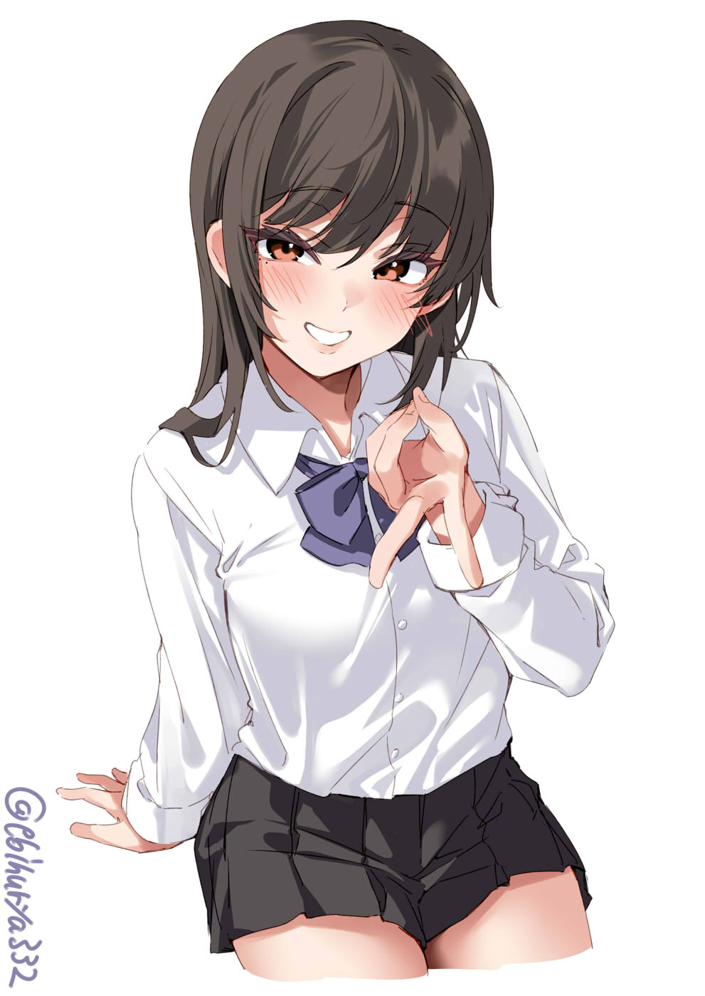 1girl, blush, breasts, brown_eyes, brown_hair, collared_shirt, cowboy_shot, dress_shirt, ebifurya, hayashio_(kancolle), highres, kantai_collection, lips, long_hair, long_sleeves, looking_at_viewer, medium_breasts, mole, mole_under_eye, pleated_skirt, school_uniform, shirt, sitting, skirt, smile, solo, thighs, v, white_background, white_shirt