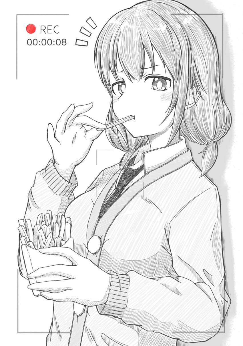 1girl, annoyed, blush, buttons, cardigan, collared_shirt, commentary_request, eating, fast_food, food, food_in_mouth, french_fries, greyscale, hand_up, highres, holding, holding_food, long_sleeves, looking_at_viewer, low_twintails, medium_hair, monochrome, necktie, noiine_nort, notice_lines, recording, school_uniform, shirt, simple_background, solo, spot_color, tamura_yuri, timestamp, twintails, upper_body, viewfinder, watashi_ga_motenai_no_wa_dou_kangaetemo_omaera_ga_warui!
