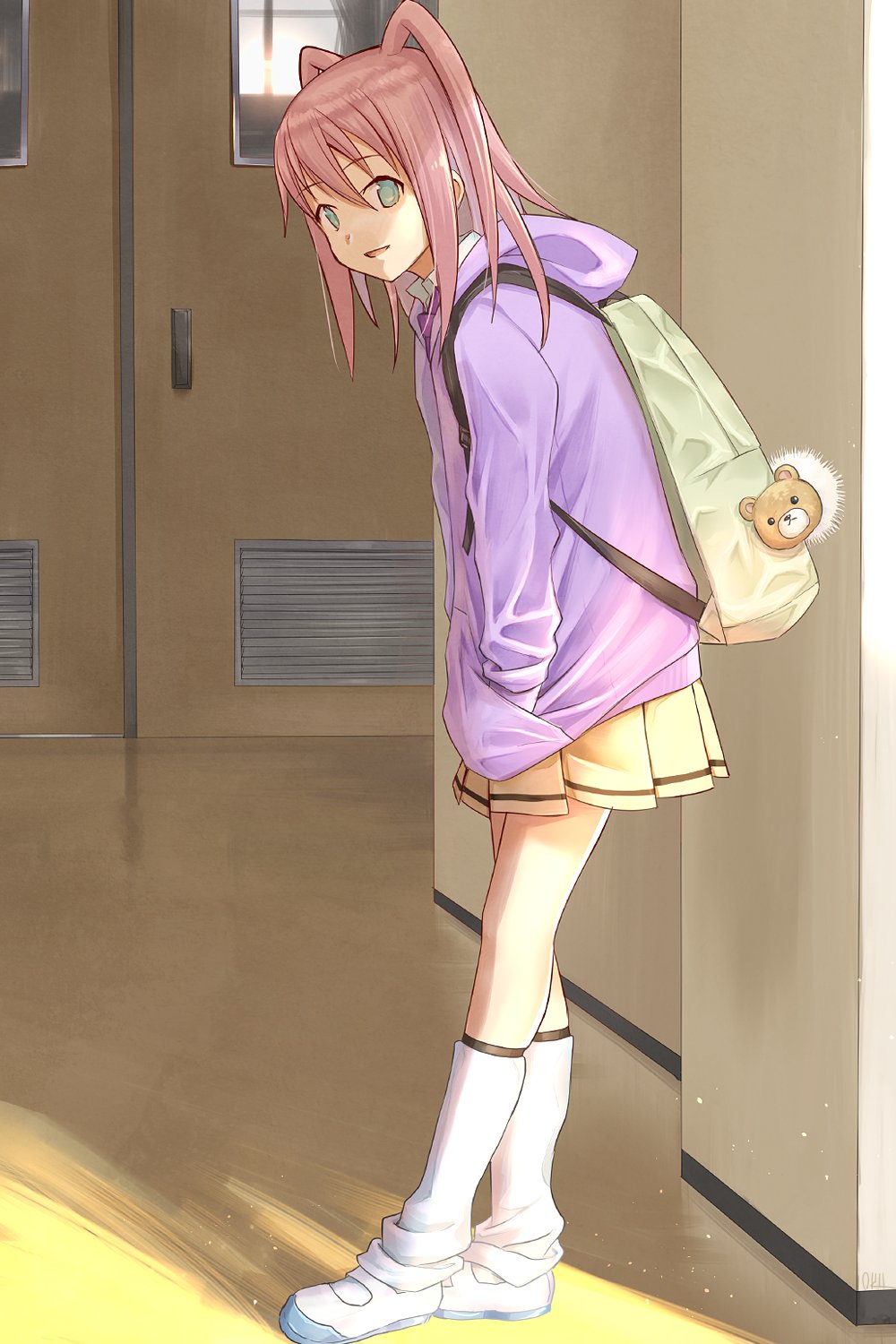 1girl, backpack, bag, bag_charm, bear_charm, charm_(object), collared_shirt, commentary_request, door, green_eyes, hair_between_eyes, hallway, hands_in_pocket, highres, hood, hood_down, hoodie, indoors, leaning_forward, long_hair, long_sleeves, looking_at_viewer, loose_socks, necktie, nemoto_hina, okiru, open_mouth, pink_hair, pleated_skirt, purple_hoodie, purple_necktie, school_bag, school_uniform, shirt, shoes, skirt, smile, socks, solo, standing, two_side_up, uwabaki, watashi_ga_motenai_no_wa_dou_kangaetemo_omaera_ga_warui!, white_footwear, white_shirt, white_socks, yellow_skirt