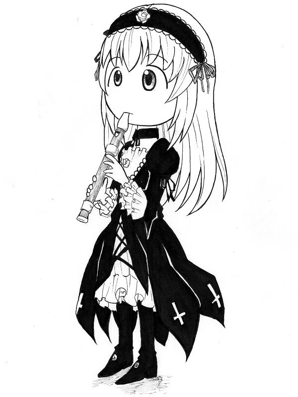hairband, instrument, long_hair, monochrome, parody, recorder, rozen_maiden, style_parody