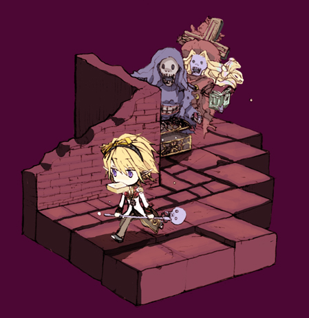 1boy, 2others, black_cloak, black_footwear, blonde_hair, book, brown_pants, chibi, cloak, coat, commentary_request, evil_druid_(ragnarok_online), food, food_in_mouth, full_body, high_priest_(ragnarok_online), holding, holding_book, holding_staff, isometric, kusabi_(aighe), long_sleeves, looking_at_another, lowres, mimic, mimic_(ragnarok_online), mimic_chest, mouth_hold, multiple_others, open_mouth, pants, pointy_ears, purple_background, ragnarok_online, red_coat, shoes, short_hair, skeleton, skull, staff, toast, toast_in_mouth, two-tone_coat, undead, violet_eyes, white_coat, wraith_(ragnarok_online)