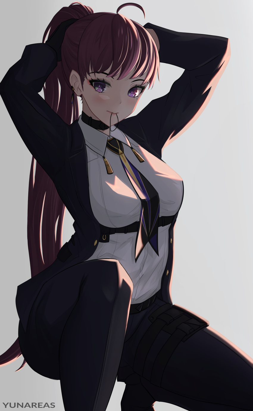 1girl, absurdres, adjusting_hair, ahoge, arms_up, artist_name, black_choker, black_gloves, black_jacket, black_pants, black_suit, blush, breasts, choker, closed_mouth, collared_shirt, commentary, dolla_(nikke), dress_shirt, earrings, english_commentary, eyelashes, eyeshadow, feet_out_of_frame, formal, gloves, goddess_of_victory:_nikke, grey_background, hair_tie_in_mouth, highres, jacket, jewelry, light_smile, long_hair, long_sleeves, looking_at_viewer, makeup, medium_breasts, mole, mole_under_eye, mouth_hold, necktie, open_clothes, open_jacket, pants, purple_hair, purple_necktie, red_eyeshadow, shirt, shirt_tucked_in, simple_background, smile, solo, squatting, suit, tying_hair, underbust, violet_eyes, white_shirt, wing_collar, yunareas