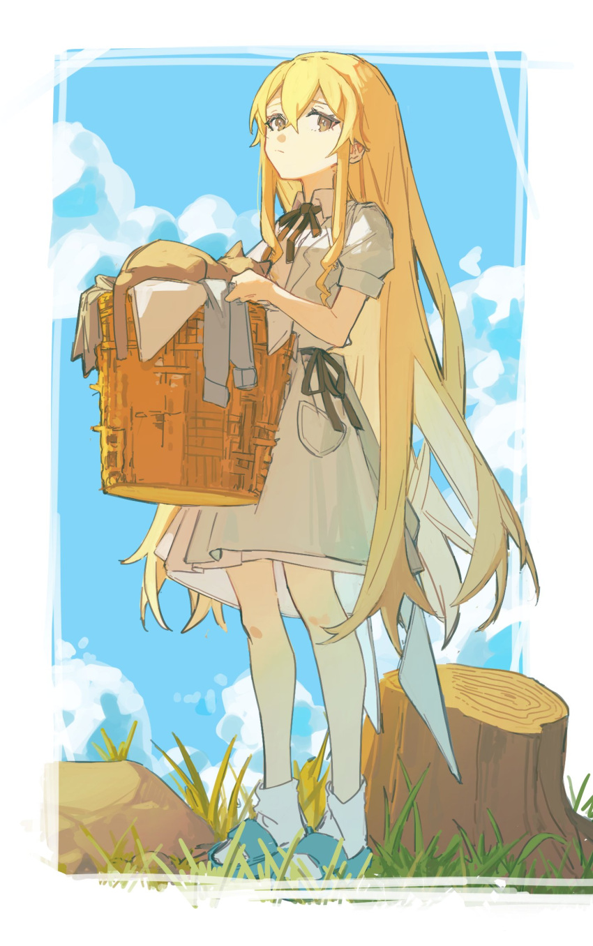 1girl, aqua_footwear, basket, black_ribbon, blonde_hair, blue_sky, brown_cat, brown_eyes