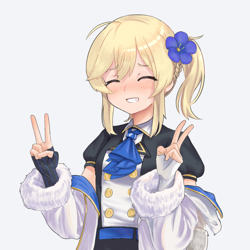 absurdres, ahoge, alternate_costume, ascot, belt, blonde_hair, blue_belt, blue_flower