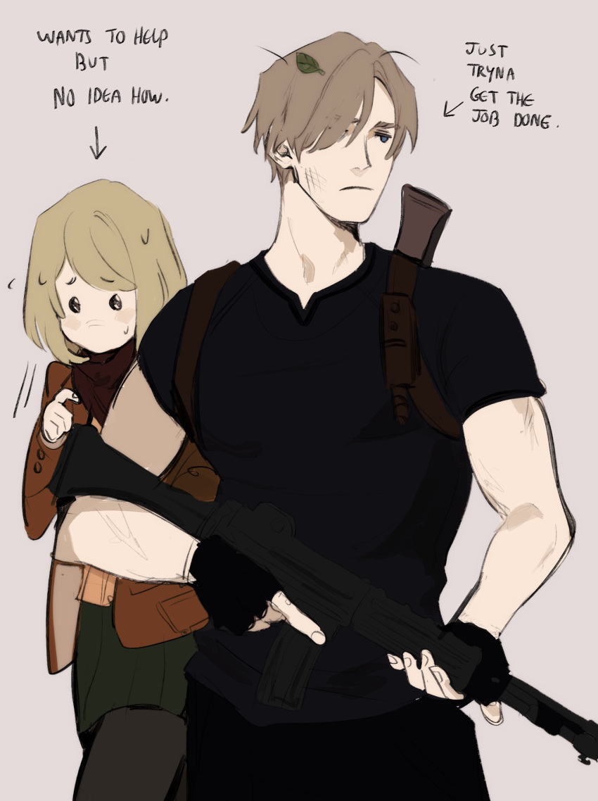 1boy, 1girl, ashley_graham, black_gloves, black_shirt, blonde_hair, blue_eyes, brown_hair