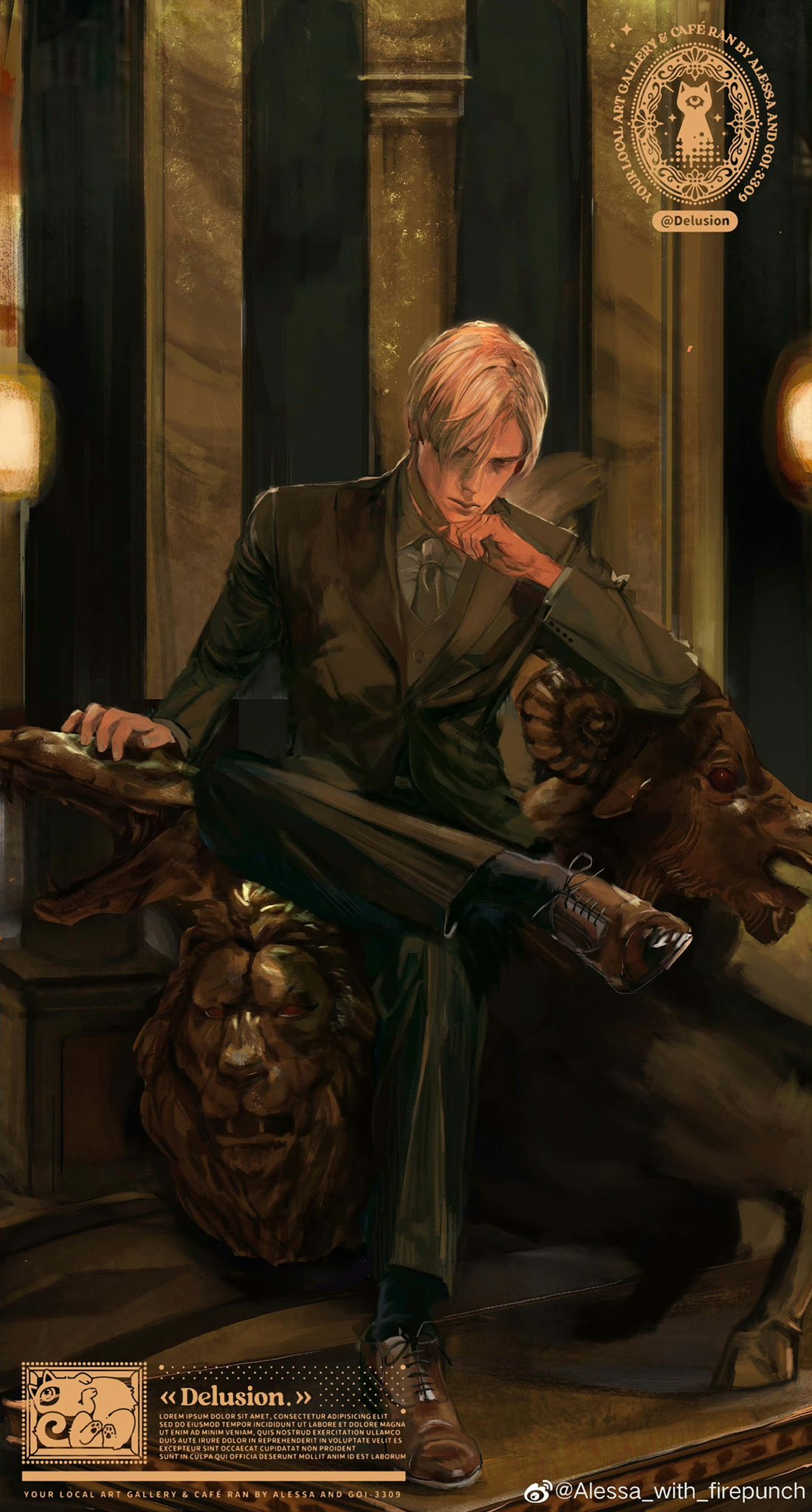 1boy, alternate_costume, black_jacket, black_necktie, black_pants, black_socks, black_suit, brown_footwear, brown_hair, crossed_legs, curtained_hair, elbow_rest, formal, full_body, goat, hair_over_one_eye, head_rest, highres, jacket, leather_footwear, leon_s._kennedy, lion, looking_down, male_focus, necktie, pants, resident_evil, resident_evil_4, resident_evil_4_(remake), serious, shiny_footwear, shoes, short_hair, sitting, snake, socks, solo, statue, suit, suit_jacket, supergrass1004, watermark