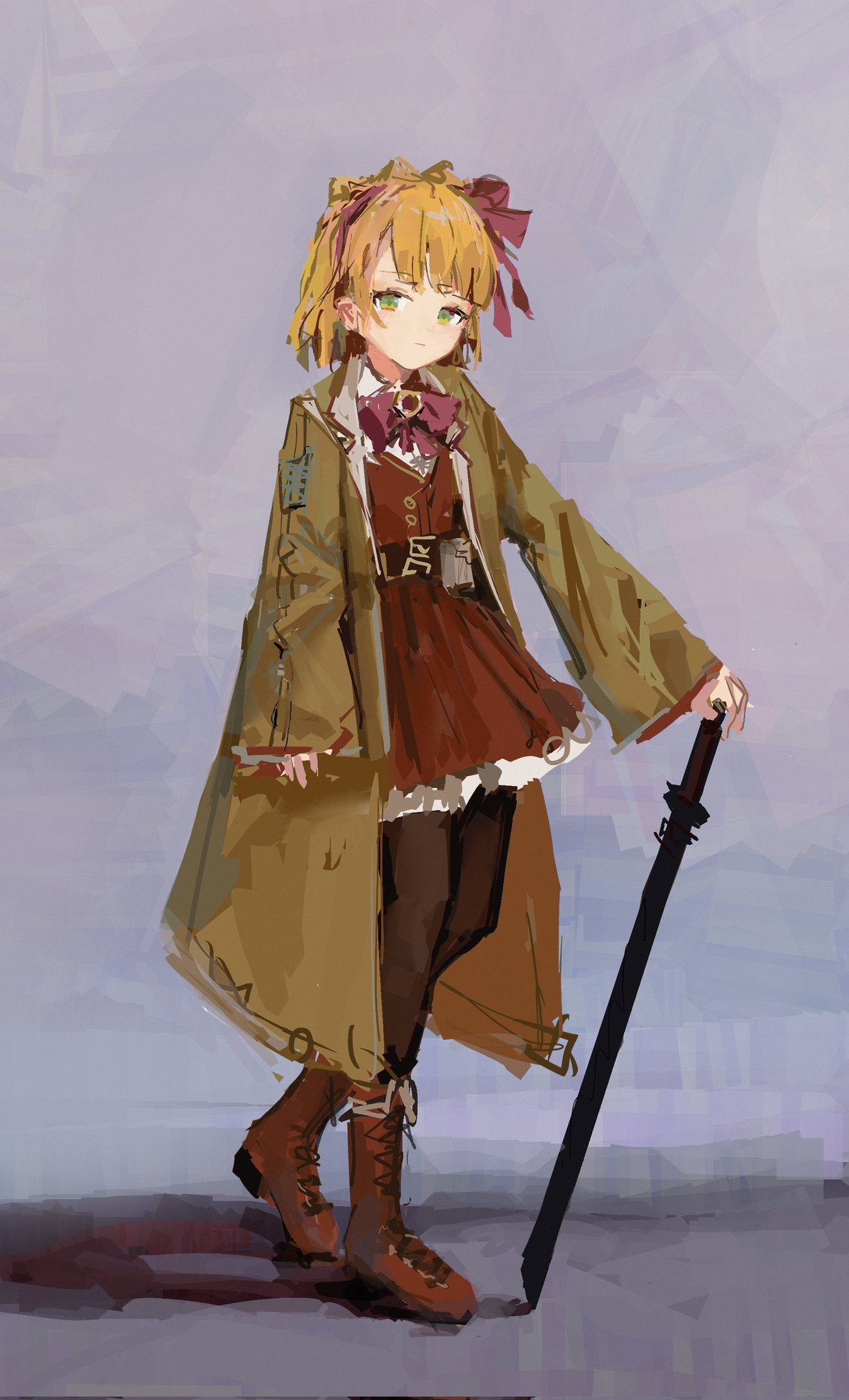 1girl, ascot, belt, blonde_hair, boots, bow, brown_coat, brown_dress
