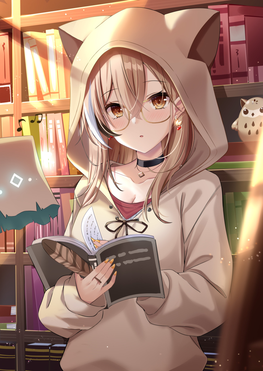 1girl, :o, absurdres, animal_hood, benchen06, berry, black_choker, book