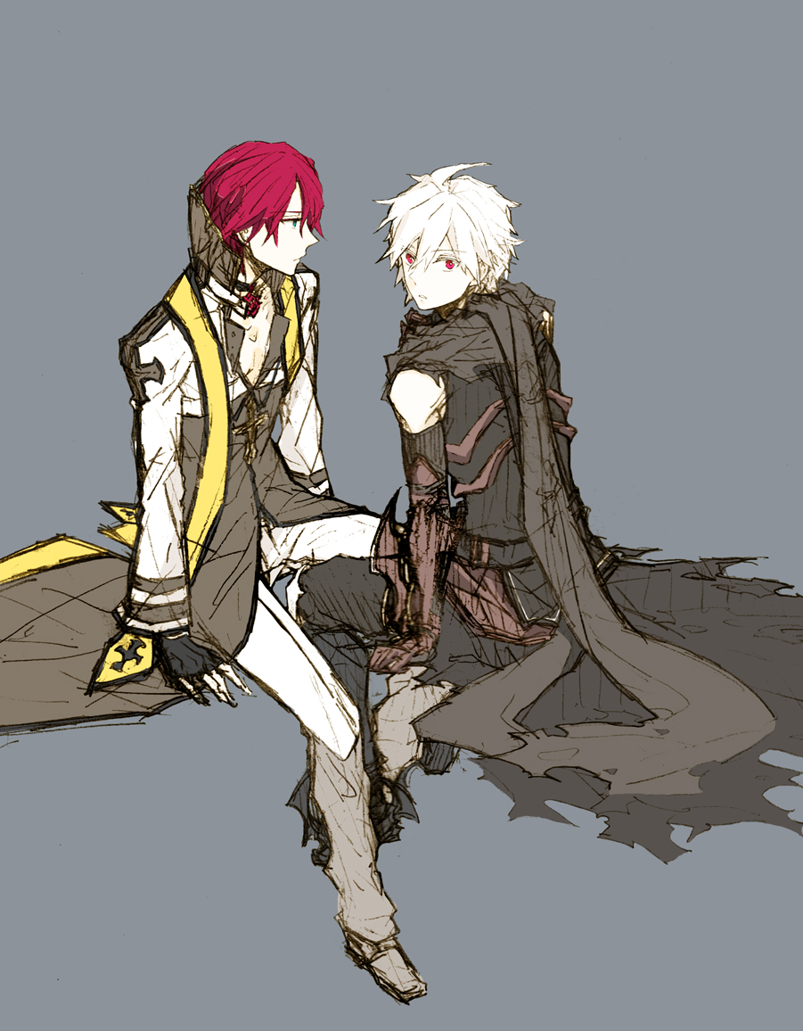 2boys, arch_bishop_(ragnarok_online), arm_blade, black_cape, black_gloves, black_pants, black_scarf, black_shirt