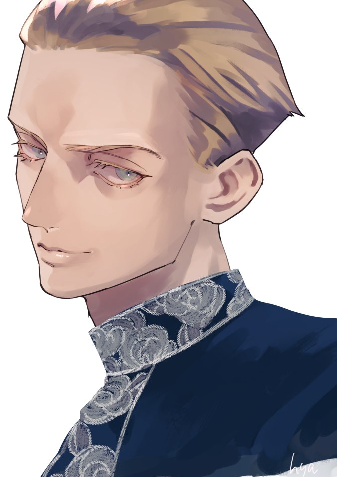 1boy, alternate_costume, blue_eyes, colored_eyelashes, fate/zero, fate_(series), hair_slicked_back, high_collar