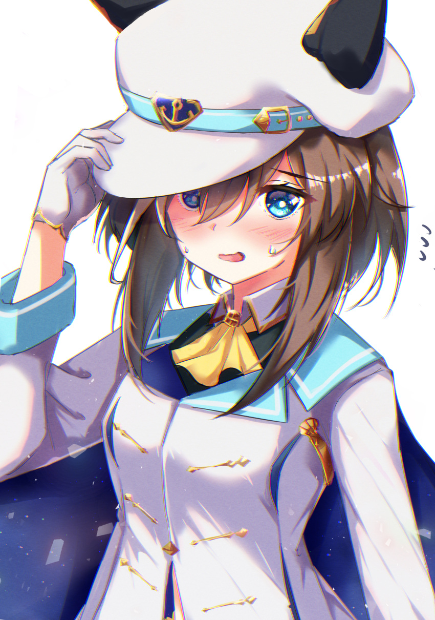 1girl, absurdres, adjusting_clothes, adjusting_headwear, animal_ears, blue_eyes, blush, breasts, brown_hair, cheval_grand_(umamusume), commentary_request, gloves, hair_between_eyes, hat, highres, horse_ears, looking_at_viewer, medium_breasts, medium_hair, open_mouth, simple_background, sinngotti, solo, sweat, umamusume, uniform, white_background