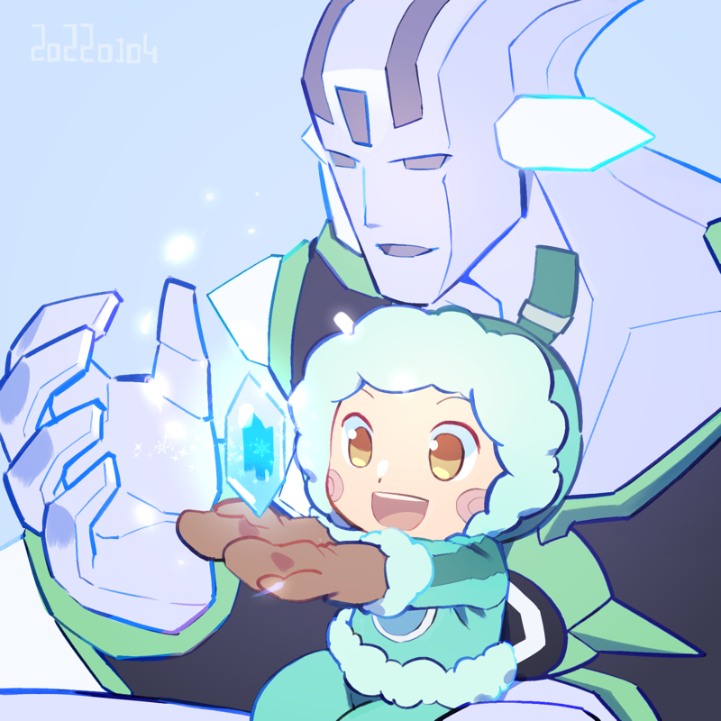 2boys, blue_sclera, brown_eyes, brown_gloves, colored_sclera, commentary_request, freezeman.exe, gloves, glowing, happy, ice_crystal, iceman.exe, male_focus, mega_man_(series), mega_man_battle_network, mega_man_battle_network_1, mega_man_battle_network_2, multiple_boys, open_mouth, smile, tsuchibori, winter_clothes