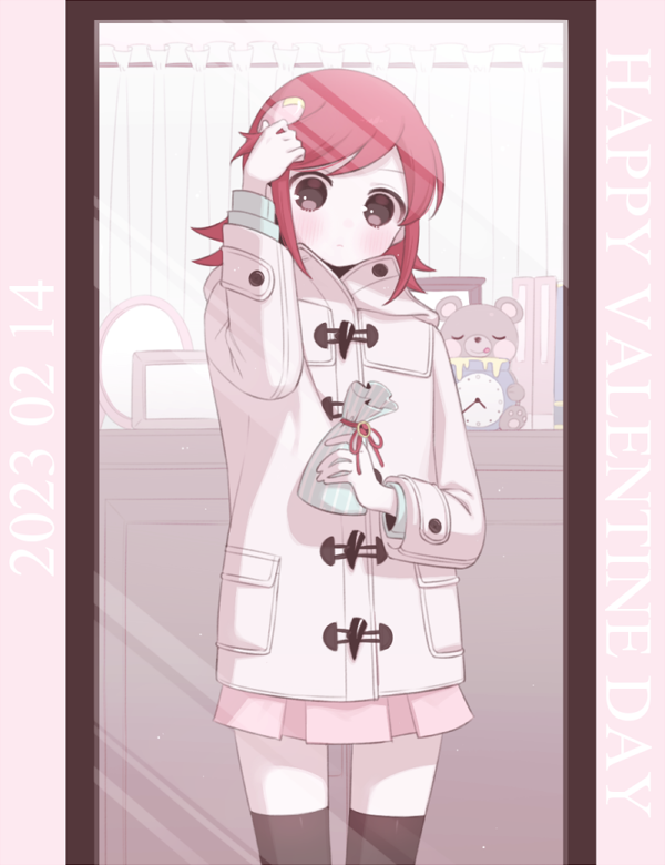 1girl, adjusting_hair, alternate_costume, bag, bedroom, black_thighhighs, brown_eyes, clock