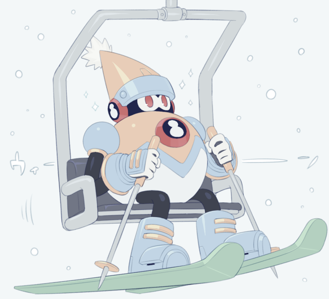 1boy, blizzardman.exe, blue_footwear, commentary_request, covered_mouth, hat, holding_ski_pole, male_focus