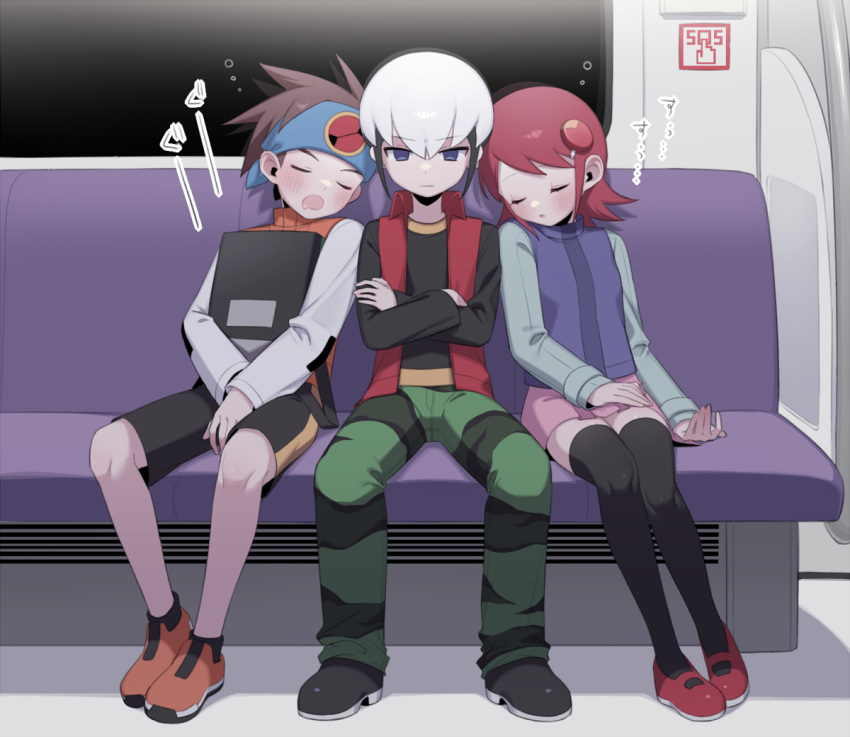 1girl, 2boys, backpack, bag, bandana, black_hair, black_thighhighs, blue_eyes