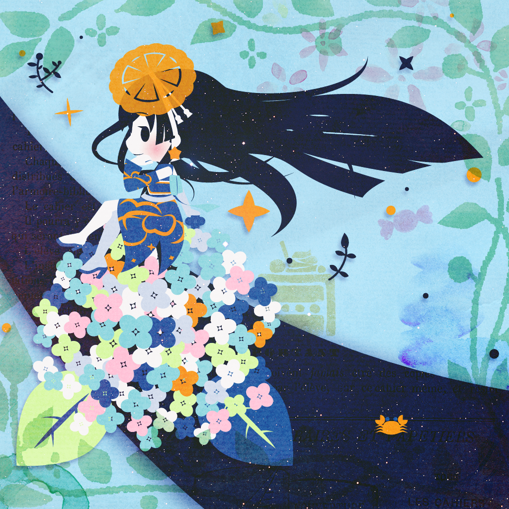 1girl, black_hair, blue_dress, blue_footwear, blush, cake, detached_sleeves, dress