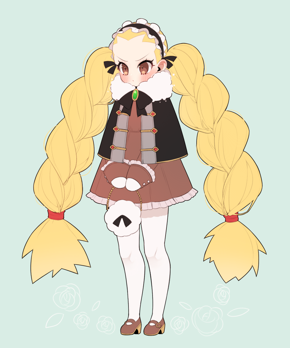 1girl, alternate_costume, ayanokouji_yaito, bag, big_hair, blush, brown_eyes, brown_footwear, commentary_request, gloves, highres, holding, holding_bag, long_hair, mega_man_(series), mega_man_battle_network, pantyhose, simple_background, solo, twintails, uru-arrow, white_pantyhose, winter_clothes, yai_ayanokoji_(mega_man)