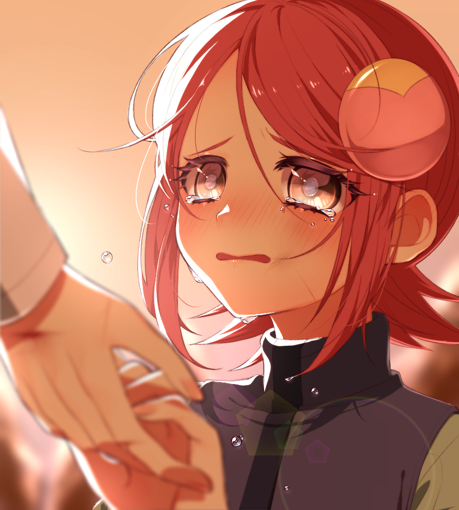 1boy, 1girl, blush, brown_eyes, commentary_request, crying, hair_ornament, lan_hikari_(mega_man)