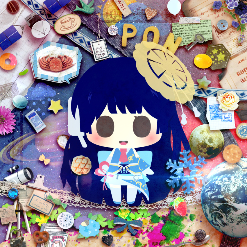 1girl, bird, blue_eyes, blue_flower, bow, buttons, crab, cup