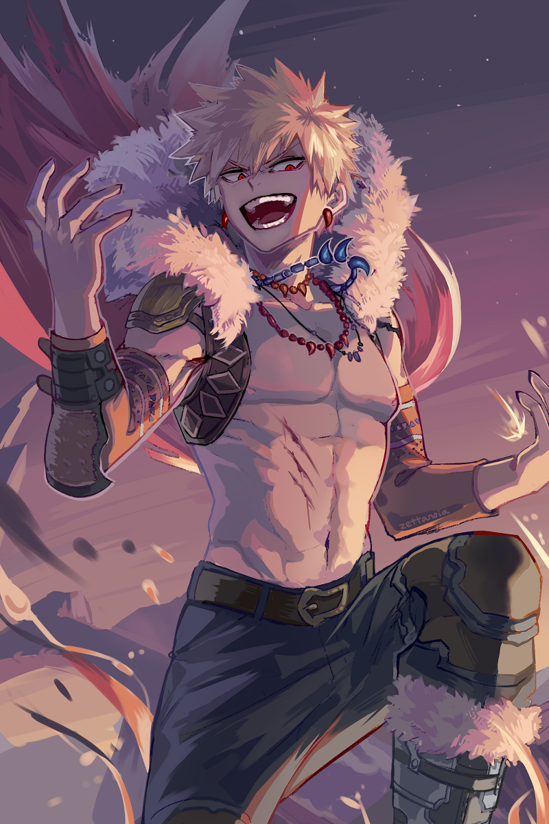 1boy, artist_name, bakugou_katsuki, belt, belt_buckle, black_pants, black_sky, bleeding