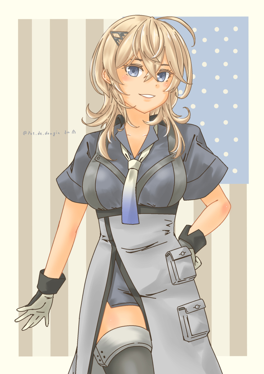1girl, absurdres, american_flag_background, black_thighhighs, blonde_hair, blue_eyes, blue_neckerchief, blue_shirt