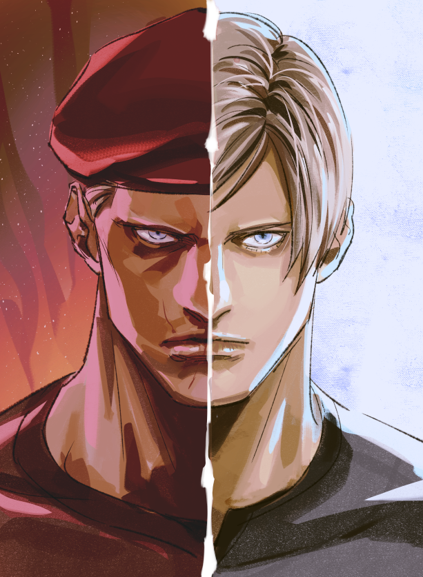 2boys, black_shirt, blue_eyes, brown_hair, curtained_hair, jack_krauser, leon_s._kennedy, looking_at_viewer, male_focus, multiple_boys, muscular, muscular_male, portrait, red_headwear, resident_evil, resident_evil_4, resident_evil_4_(remake), scar, scar_on_face, shirt, short_hair, split_screen, t-shirt, tatsumi_(psmhbpiuczn)
