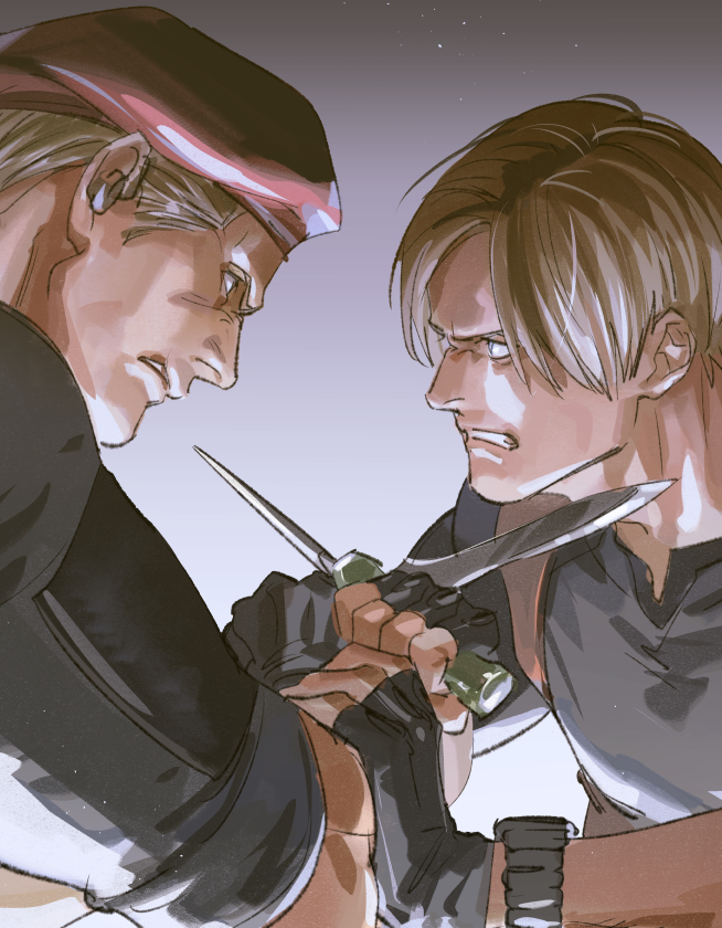 2boys, at_knifepoint, battle, biceps, black_gloves, black_shirt, blade_to_throat, blue_eyes, brown_hair, curtained_hair, dagger, eye_contact, fingerless_gloves, frown, furrowed_brow, gloves, grimace, holding, holding_dagger, holding_knife, holding_weapon, jack_krauser, knife, leon_s._kennedy, looking_at_another, male_focus, multiple_boys, muscular, muscular_male, profile, red_headwear, resident_evil, resident_evil_4, resident_evil_4_(remake), shirt, short_hair, t-shirt, tatsumi_(psmhbpiuczn), teeth, weapon