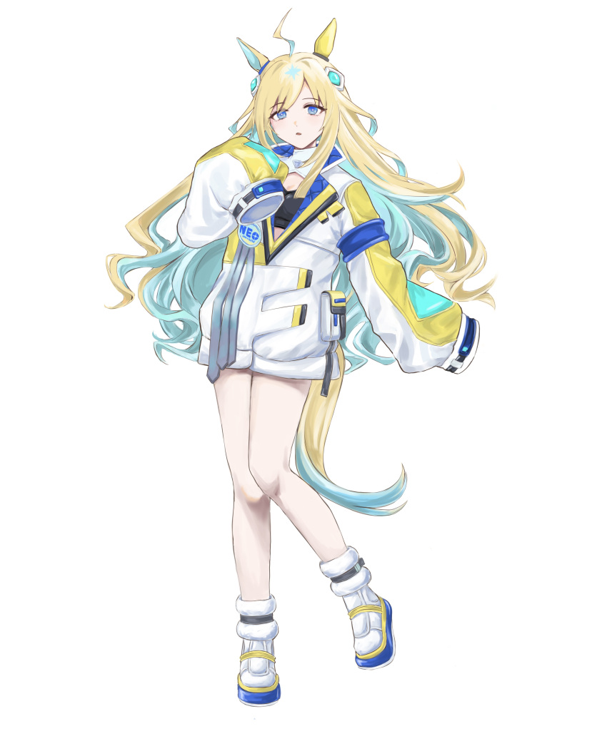 1girl, absurdres, ahoge, animal_ears, blonde_hair, blue_eyes, blue_hair, boots, colored_inner_hair, highres, horse_ears, horse_girl, horse_tail, jacket, long_hair, looking_at_viewer, multicolored_hair, neo_universe_(umamusume), poyanchu, simple_background, sleeves_past_fingers, sleeves_past_wrists, solo, tail, umamusume, white_background, white_footwear, white_jacket