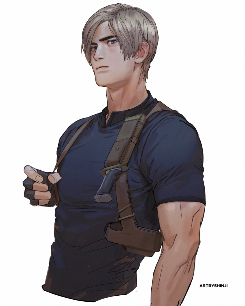 1boy, artbyshinji, artist_name, biceps, black_gloves, black_shirt, blue_eyes, brown_hair